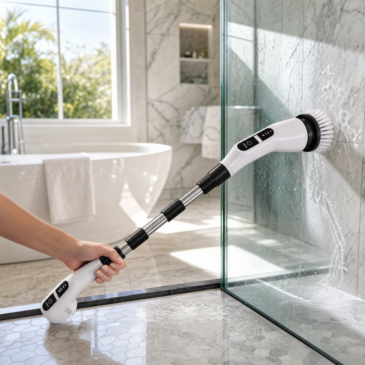 ZevoraScrub electric spin scrubber cleaning shower glass
