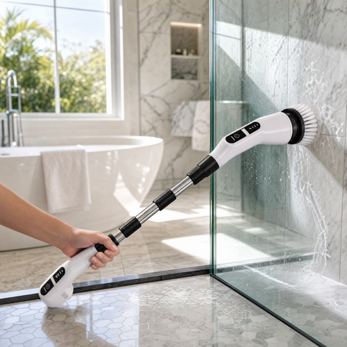 ZevoraScrub electric spin scrubber cleaning shower glass